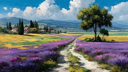 Impressionistic oil painting of a Tuscan landscape with lavender fields and cypress trees purple flowers photo