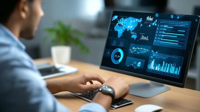 Faceless marketers checking search engine optimization tools, keyword ranking, traffic insights and performance analytics on virtual screen, defocused interface, with copy space