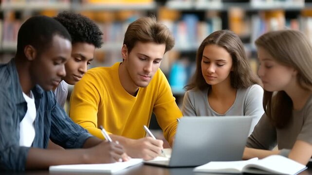 Faceless multiethnic teenage students gathered in library around table with notebook, discussing online video class collaborating on group project, defocused bookshelves, with copy