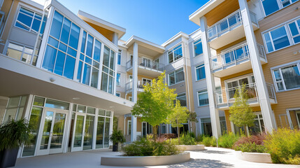 Obraz premium Spacious architecture apartment building, contemporary residential design, modern living complex, urban dwelling structure, high-ceiling interior space, with copy space