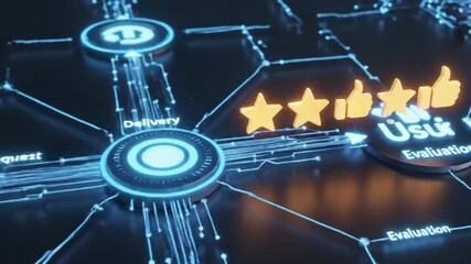 futuristic digital interface showcasing user request delivery and evaluation process - Powered by Adobe