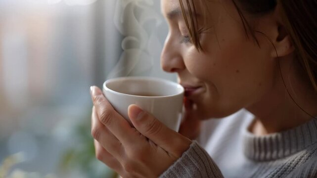 A person holding a white cup of tea. The person is wearing a gray sweater and is holding the cup with both hands. The cup is filled with tea, and the person appears to be enjoying their drink