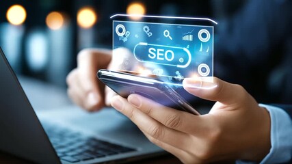 Faceless person using smartphone with glowing SEO search bar interface, search engine optimization, digital marketing strategy and online business growth, with copy space - Powered by Adobe