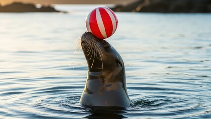 Playful Seal Balancing a Red and White Striped Ball on its Nose in the Water