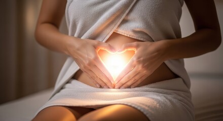 Woman's Hands Forming Heart Shape Over Glowing Belly