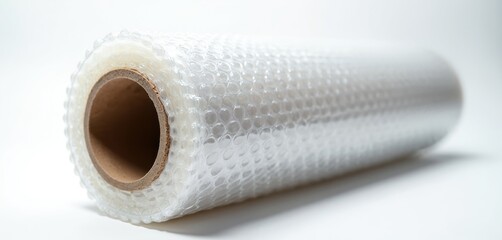Roll of clear bubble wrap for cushioning fragile items during shipping and moving. Protective packaging material used for safe transport and storage. Secure goods against damage.