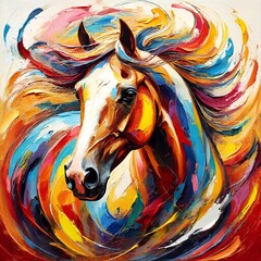 Colorful painting of a horse with flowing mane in abstract style  