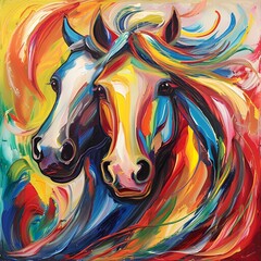 Colorful abstract painting of two horses with flowing manes  