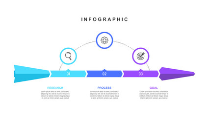 Business success arrow infographic with icons and 3 steps, timeline roadmap template for process, strategy, goal achievement, and corporate growth presentation design