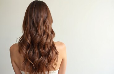 Fototapeta premium Woman displays long wavy brown hair with shiny healthy texture. This image represents hair care treatments, beauty products, and salon services. It highlights hair nourishment and styling.