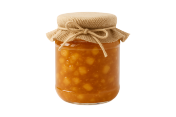 A rustic glass jar of orange preserve with burlap and twine on transparent background