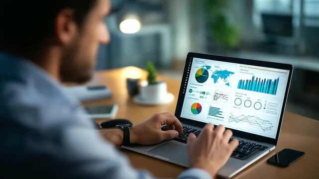 Faceless professional SEO marketer working on laptop computer to analyze global website traffic and marketing data for business performance growth, defocused screen, with copy spac