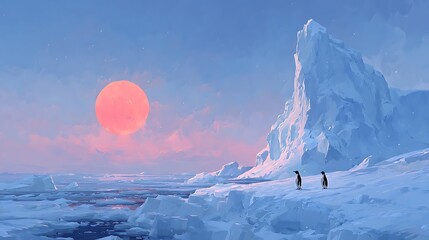 Two penguins stand on an icy shore with a large, pinkish sun and icebergs arctic antarctic photo