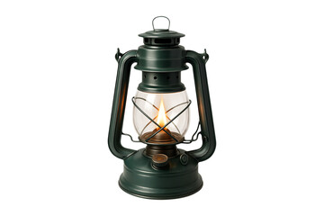 A vintage green oil lantern with a glowing flame ideal for design projects on transparent