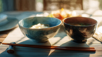 ランチョンマットの上に整えられたご飯茶碗や汁椀などの和風な食事の支度が、丁寧な食卓時間を感じさせるダイニングの