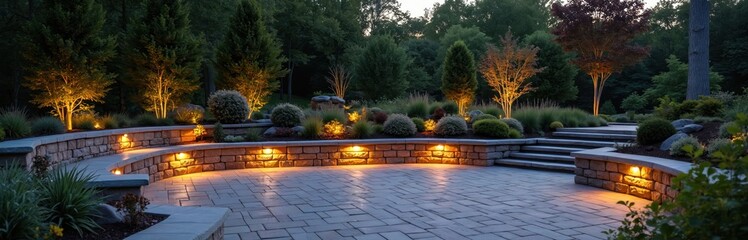 Obraz premium Curved stone seating wall surrounds paved patio with landscape lighting. Trees and shrubs illuminated at twilight create inviting outdoor ambiance for relaxation and gatherings.