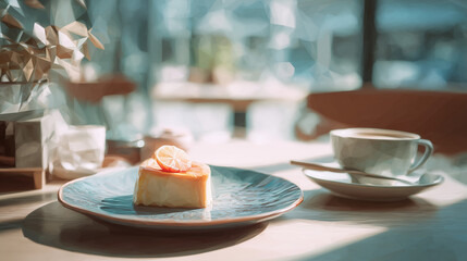 整えられたカフェの食卓で、デザートプレートが午後のティータイムを待つ穏やかなダイニング風景の水彩ポリゴン