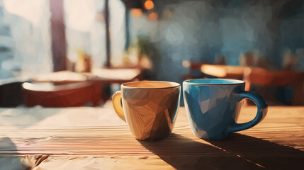 午後の光が差し込むカフェ風ダイニングで、ふたつのコーヒーマグがカップルの静かなひとときを演出する情景