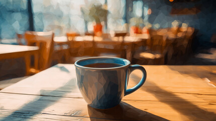 午後の光が差し込むカフェ風ダイニングで、ひとつのコーヒーマグが個人的で静かなひとときを演出する情景の水彩ポリゴン
