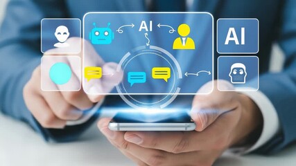 Businessman interacting with a virtual ai assistant on a smartphone motion animated video.