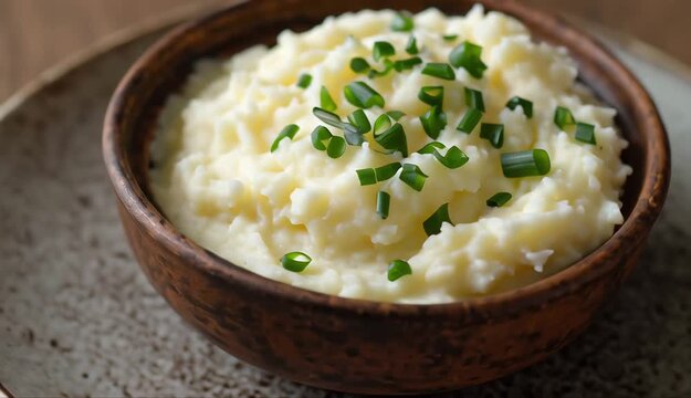 Creamy mashed potatoes in a wooden bowl