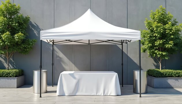 White canopy tent with draped table stands outdoors. Modern outdoor display for business promotions. Easy setup for events and markets. Ready for branding and advertising needs.