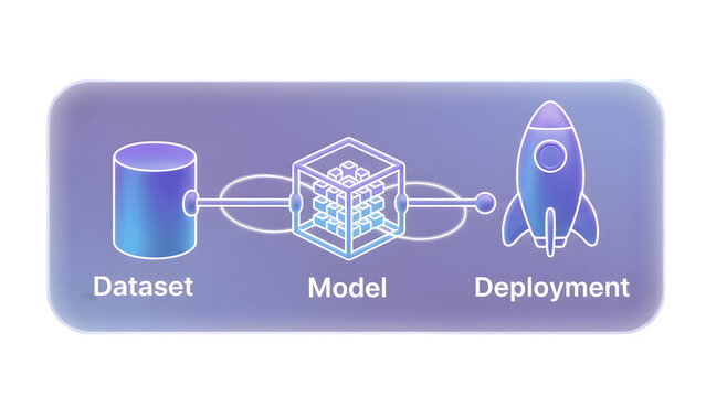 3D Machine Learning Pipeline Icon Dataset Model Deployment Rocket Blue Purple Glow Isolated on Transparent Background PNG

