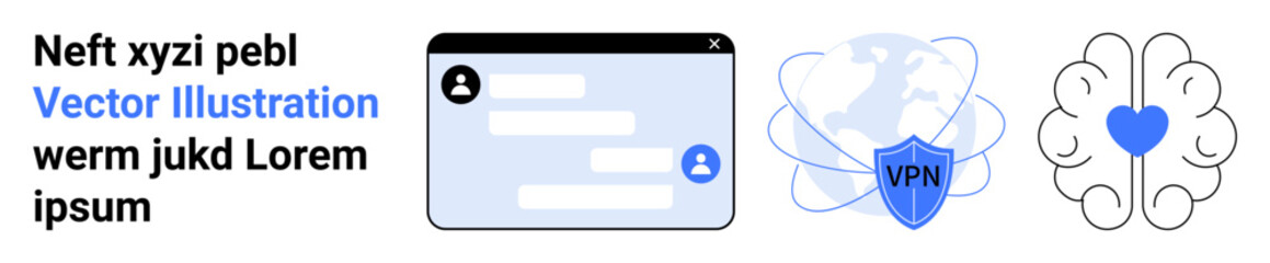 Obraz premium Cybersecurity, mental health, online privacy, VPN usage, personal data, modern communication. Chat interface, VPN shield brain with heart. Cybersecurity and mental health concept