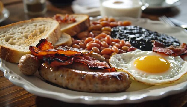 Hearty breakfast platter with sausage, egg, and beans