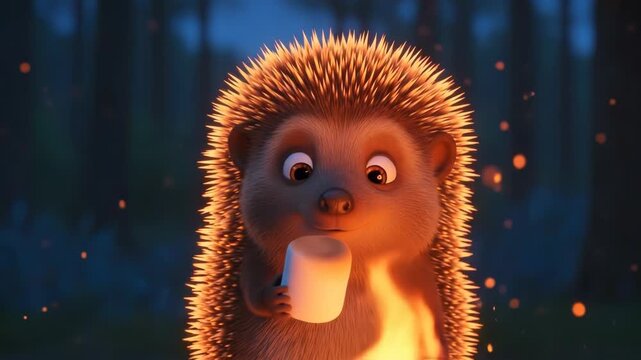 Animated Hedgehog Character Drinking Milk in Forest.