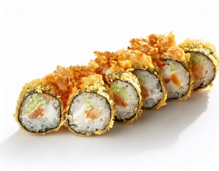 close up of crispy sushi roll with shrimp tempura seaweed and rice n isolated on a white background