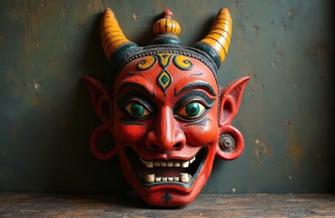 A red Indian demon face mask with yellow horns sits on a wooden table. This ornate handcrafted mask features wide green eyes and bared teeth. It represents mythical spirits and ancient culture.