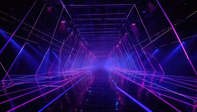 A futuristic, symmetrical tunnel rendered with vibrant neon lights in a cool-toned palette - Powered by Adobe