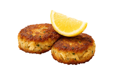Golden Crab Cakes with Lemon Wedge Seafood Dish Isolated on a Transparent Background