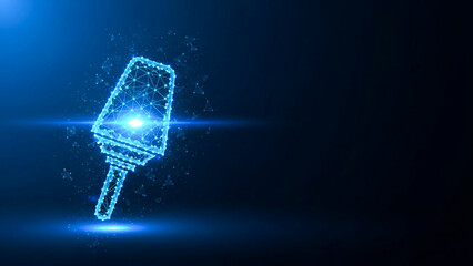 Futuristic glowing key with a cybernetic design floating in a dark