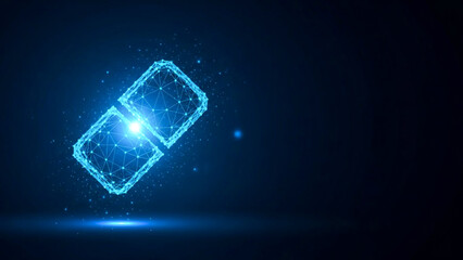 Futuristic glowing blockchain link icon on dark blue background with
