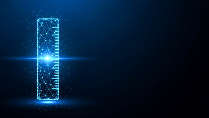Futuristic glowing measuring ruler with digital grid lines on dark