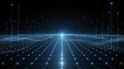 abstract futuristic technology background with a blue digital landscape featuring glowing grid floor neural network nodes and flowing wave data particles for cyber security - Powered by Adobe