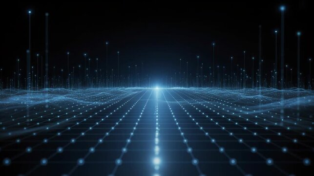 abstract futuristic technology background with a blue digital landscape featuring glowing grid floor neural network nodes and flowing wave data particles for cyber security