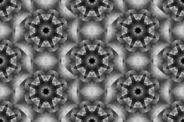 Seamless Black and White Geometric Kaleidoscope Pattern with Crystal Motifs