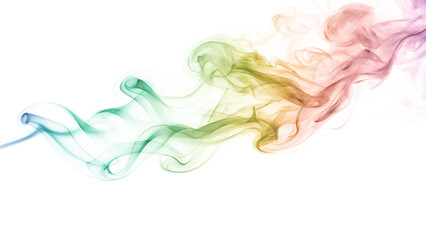 Abstract colorful smoke swirls in a smooth rainbow wave pattern, creating a vibrant motion of flowing curves and transparent lines isolated on a white background