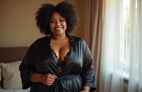 Attractive black woman with curly hair smiles in a black silk robe and lace bra. She stands in a sunlit room with soft curtains. Full figured lady poses confidently at home in boudoir.