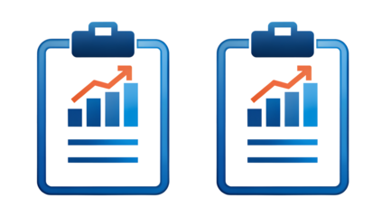 Two Clipboard with growing bar graph icon isolated on transparent background