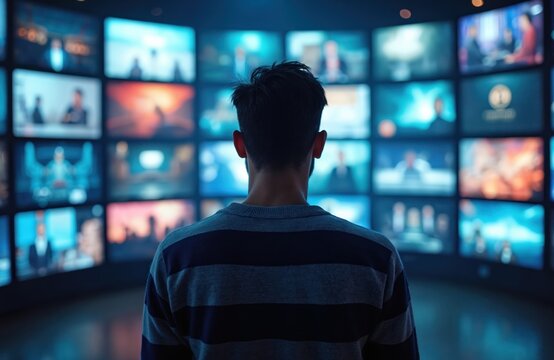 Man watches many TV screens at once. He is overwhelmed by constant information stream and media influence. The viewer is in dark room full of bright monitors showing different content and news.