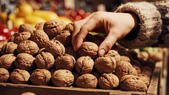Fresh Walnuts at the Market - A Close-Up Look at Healthy Food.