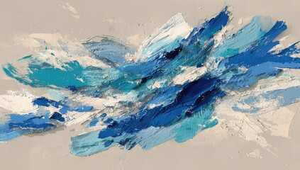 A dynamic abstract painting of textured blue and white brushstrokes on a neutral backdrop