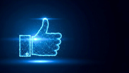 Glowing Thumbs Up Icon With Polygonal Wireframe Design On Dark Blue