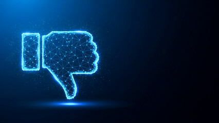 Futuristic 3D Thumbs Down Icon with Glowing Blue Grid on Dark