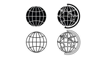 Four monochrome globe icons displaying different styles and perspectives © Tm Studio
