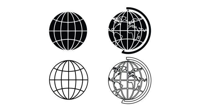 Four monochrome globe icons displaying different styles and perspectives
